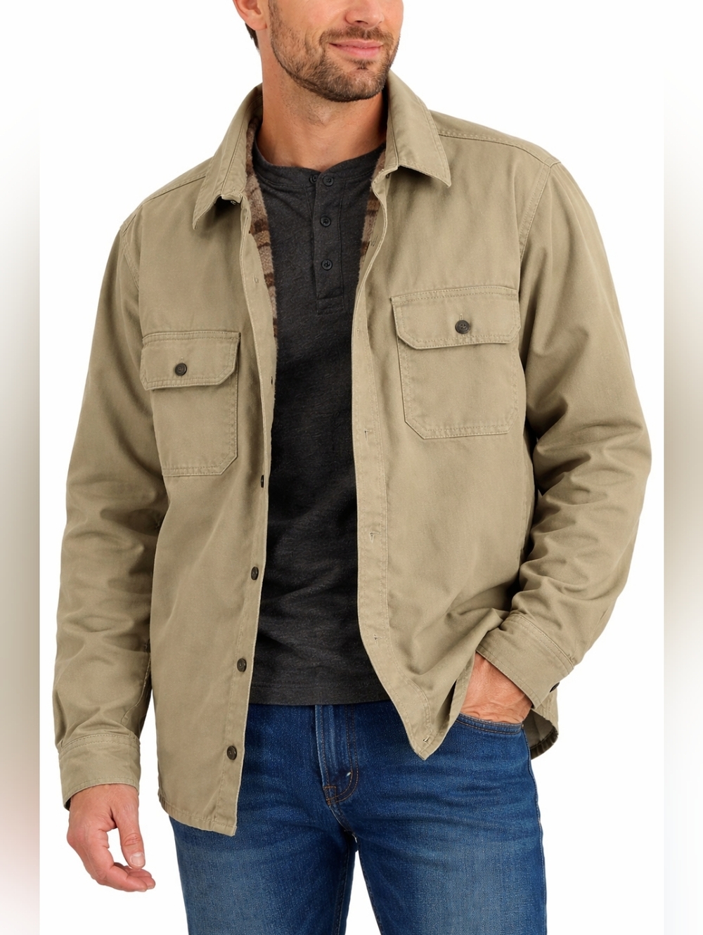 Club Room Shirt Jacket Mens Large Beige Plaid Fleece Lined Button Utility Jacket